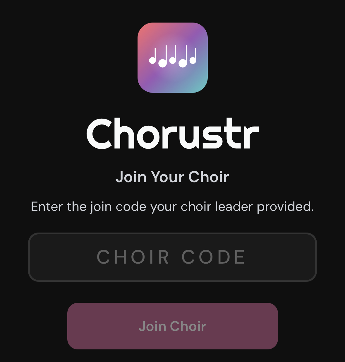 Chorustr choir code entry screen