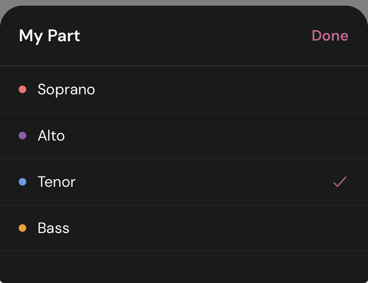 My Part picker showing Soprano, Alto, Tenor (selected), Bass